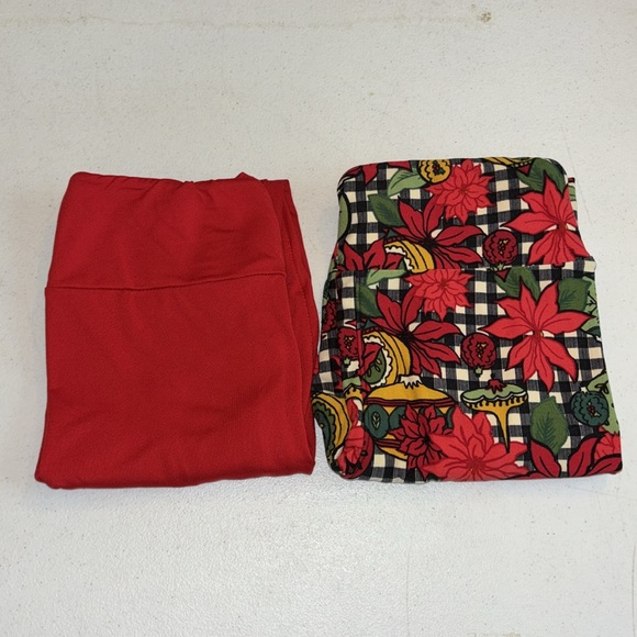 LulaRoe OS leggings solid red and winter holiday print - Picture 3 of 8